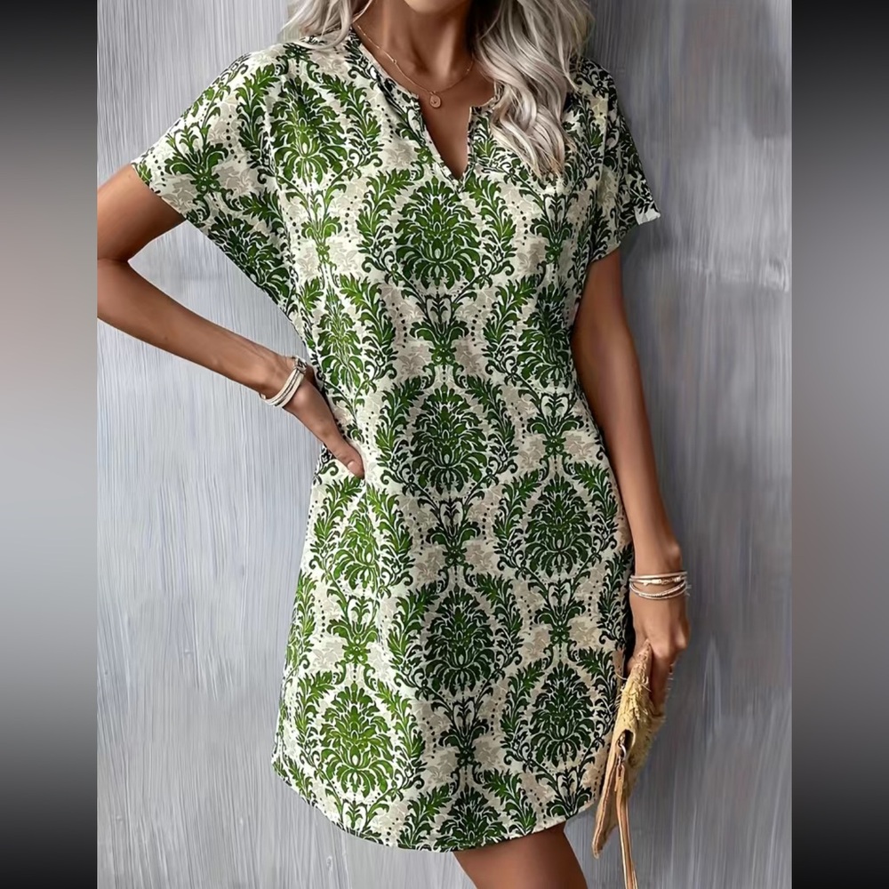 Green and Cream Patterned Mini Dress